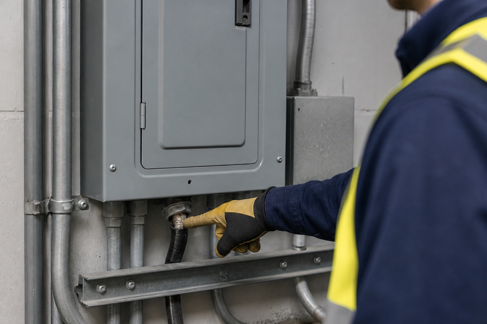 Inspector identifying visible damage at a closed electrical panel enclosure